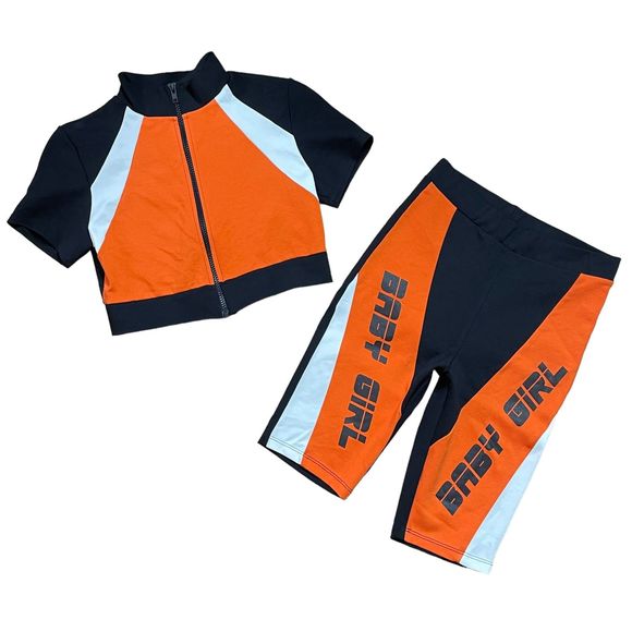 Fashion Nova NWT Girls Win Colorblock 2 Pc Set Shorts & Crop Top Black Orange S - Picture 3 of 10